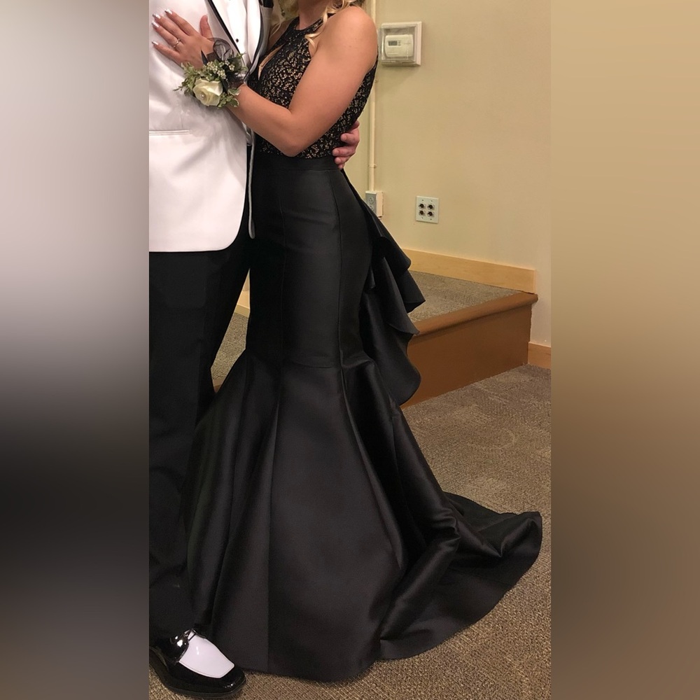 Jovani Black Satin Mermaid Gown with Ruffle Back